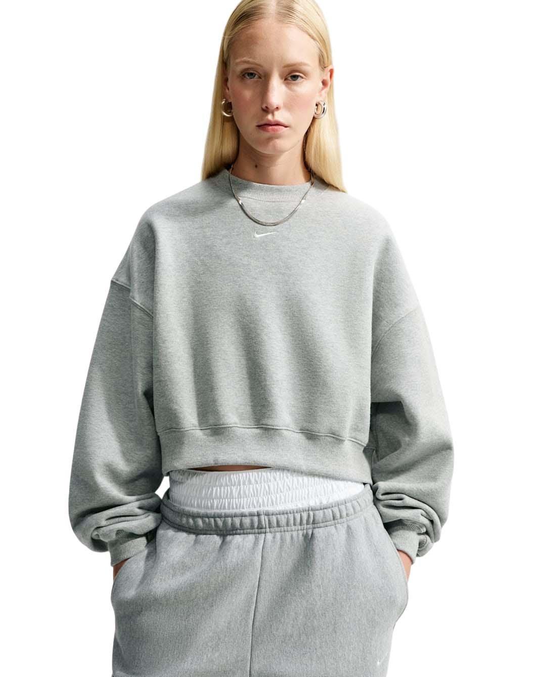 Nike Women's Studio Fleece Medium Weight Oversized Cropped Crewneck - Grey Heather - GREY HEATHER